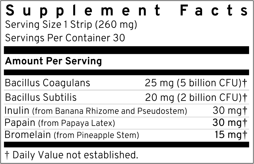 A supplement facts label showing ingredients such as Bacillus Coagulans, Inulin, Papain, and Bromelain.